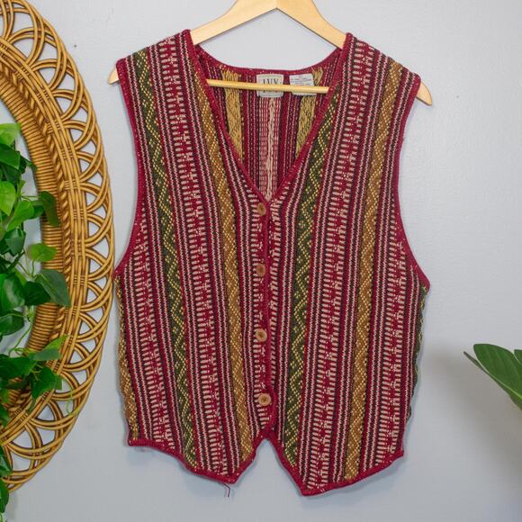 Ivy Jackets & Blazers - Vtg 90s Southwestern Woven Multicolor Festival Button Vest Stripe L Dark Autumn